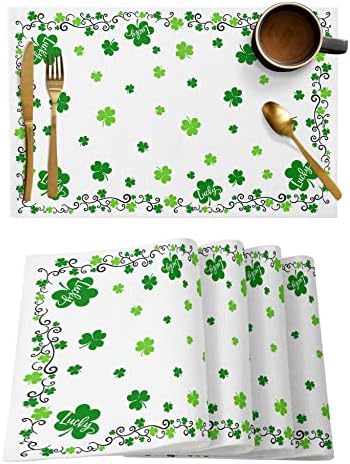St. Patrick's Day Placemats Set of 4, Green Shamrock Irish Clover Heat Resistant Washable Dining Table Mats Seasonal Spring Holiday Farmhouse Decor for Kitchen&Table Linens Outdoor Indoor