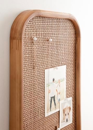Kate and Laurel Planche Modern Rattan Wall Pinboard, 12 x 24, Natural Wood, Boho Rounded Rectangle Wall Organizer for Use as Cork Board, Vision Board, or Bulletin Board