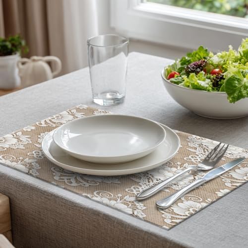 Batmerry Floral Linen Placemats Set of 8, Template White Lace Background Washable Table Mats for Kitchen Table Thickened Heat Insulation Dining Set Indoor Outdoor 12X18 in