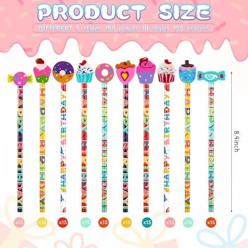 Kosiz 300 Piece Happy Birthday Pencil Party Favor Set, 150 Birthday Pencils with 150 Cake Eraser Toppers, Bulk Game Rewards Prize, Goodie Bag Stuffers, Party Supplies