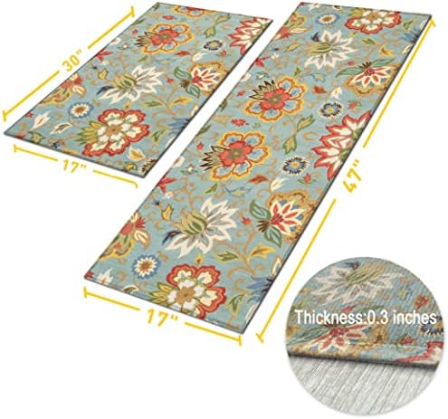 Colorful Floral Kitchen Rug for Floor 2 Piece Sets, Boho Floor Mat for Kitchen in Front of Sink for Standing for Kitchen Decor 17"X30"+17"X47"