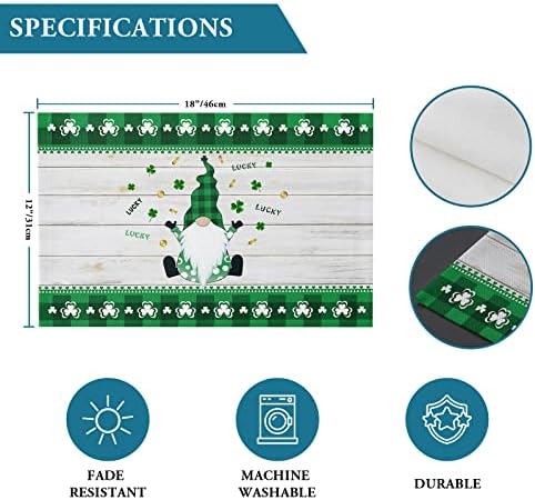 St. Patrick's Day Gnomes Clover Placemats Set of 6, Irish Green Buffalo Check Plaid Clover Cotton Linen Heat Resistant Table Mats Washable Spring Holidays Decorations For Kitchen Dining Table