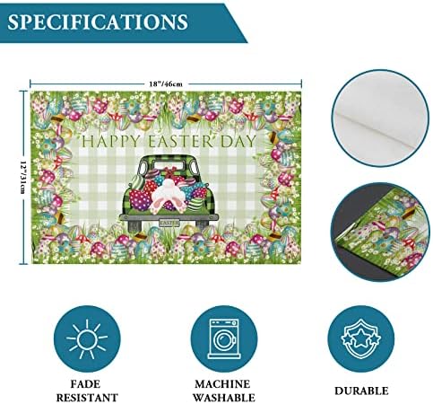 Happy Easter Spring Holidays Vintage Farm Trucks Colorful Eggs Placemats Set of 6,Green Gingham Plaid Patterns Cotton Line Fabric Heat Resistant Washable Mats Decoration for Home Kitchen Dining Party
