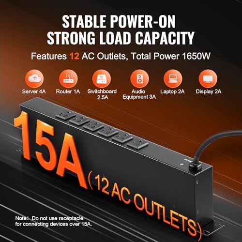 VEVOR 12 Outlet Horizontal 1U Rack Mount PDU Power Strip for Network Server Racks, Surge Protection & Overload Protection, 110-125V/15A, with 6ft 14AWG Power Cord