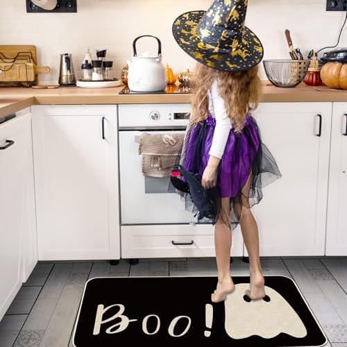 FYSUIMU Halloween Ghost Kitchen Rugs Set of 2 Black Ghost Boo Kitchen Floor Mat Non-Slip Spooky Bathroom Rugs Cute Halloween Kitchen Decor for Party Home, 17 x 29 Inch & 17 x 47 Inch