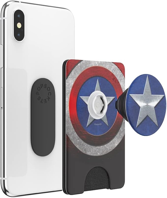 PopSockets Adhesive Phone Wallet with Grip- Captain America | PopWallet, Holds 3-5 Cards, Swappable Top, Kickstand, Marvel, Captain America, Flag, American, USA