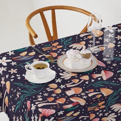 Retro Mushroom Tablecloth, Cartoon Forest Mushroom Florals Leaves Woodland Garden Table Cloth for Kitchen Dining Coffee Table Outdoor Party Decor 55x75in