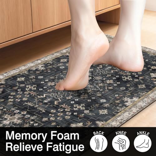 Boho Cushioned Anti Fatigue Mats for Kitchen Floor,Modern Farmhouse Charcoal Floral Non-Slip Water Resistant Runner Comfort Foam Standing Rugs Non Skid for Home Sink,Office,Laundry 17"x47"+17"x30"