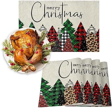 Merry Christmas Placemats Set of 6, Buffalo Plaid Xmas Tree Winter Forest Farmhouse Heat Resistant Washable Table Place Mat Red Green Table Linens Party Holiday Decor For Kitchen Dining Outdoor Indoor