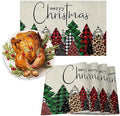 Merry Christmas Placemats Set of 6, Buffalo Plaid Xmas Tree Winter Forest Farmhouse Heat Resistant Washable Table Place Mat Red Green Table Linens Party Holiday Decor For Kitchen Dining Outdoor Indoor