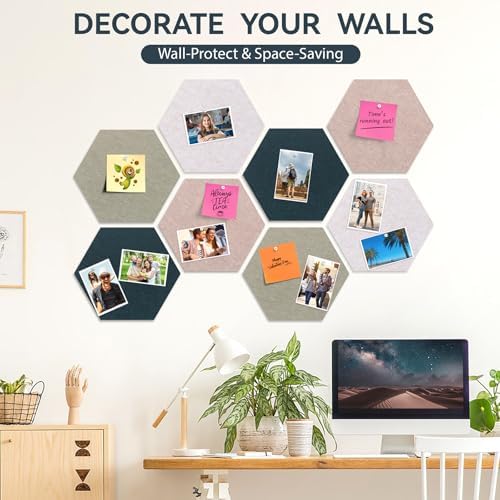 Hexagon Cork Board for Walls Decor, 8 Pack 12" x 10" Felt Bulletin Board Tiles with 30 Pushpins, 50 Adhesive Tabs for Office & Home Pin Board Felt Board, Notes Photos and DIY Classroom Decor