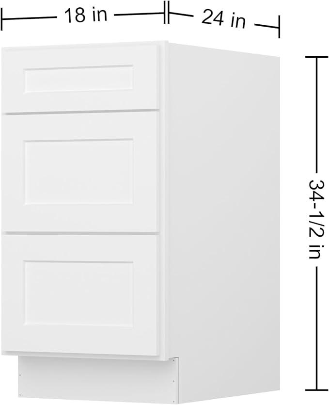 Furinno Shaker Drawer Base Kitchen Cabinet with 3-Drawers, Ready to Assemble, 24 D x 18 W x 34.5 H, White