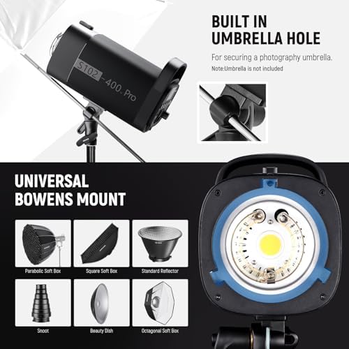 NEEWER S102-400W PRO Flash Lighting Kit (2 Pack) with 2X 2.4G Trigger, 2X Photography Light Stand, 2X Softbox, 5 in 1 Reflector, Bag, 400Ws GN62 5600K 30W LED Modeling Lamp Bowens Mount Silent Fan
