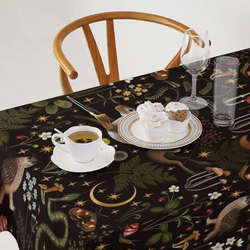 Rustic Forest Tablecloth, Fairy Tale Forest Woodland Wild Animals Moths Flowers Moon Star Table Cover for Home Kitchen Dining Table Party Camping Decor 55x75in