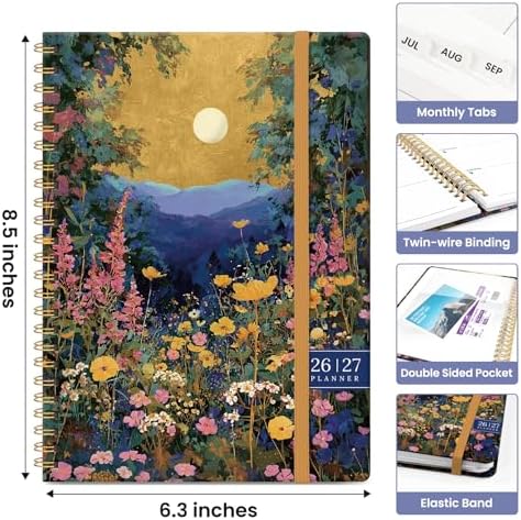 Planner 2026-2027, Monthly & Weekly Jul 2026-Jun 2027 Calendar Book | 6.3" x 8.5", Hardcover Spiral Planner with Tabs, School & Daily Pretty Agenda for Women, Students, Teachers, Moonlit Meadow
