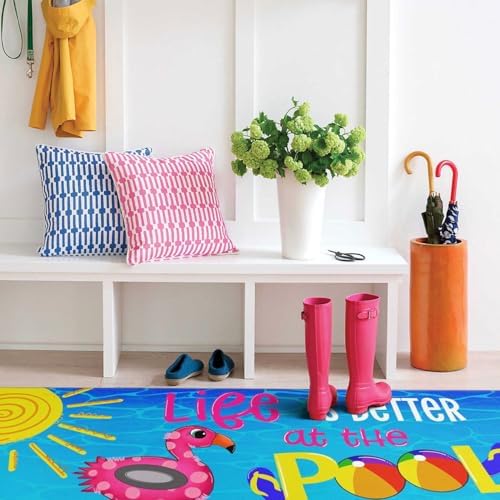 Summer Kitchen Rugs and Mats Set of 2,Welcome to Our Pool Flamingo Farmhouse Summer Non Slip Washable Floor Sink Mats Decorations for Home Kitchen 18"x48"+18"x30"