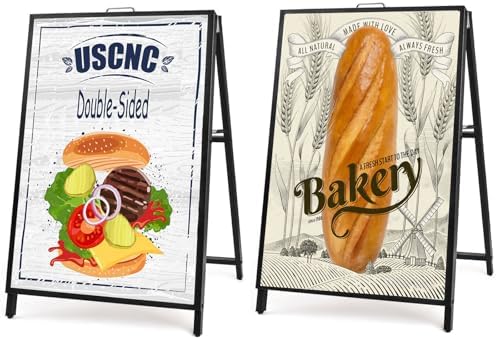 USCNC 2 Pack Heavy Duty A-Frame Sidewalk Sign 24 x 36 Inch, Portable Double-Sided Sandwich Board Slide-in Folding Metal Signboard (Frame only，No white board)