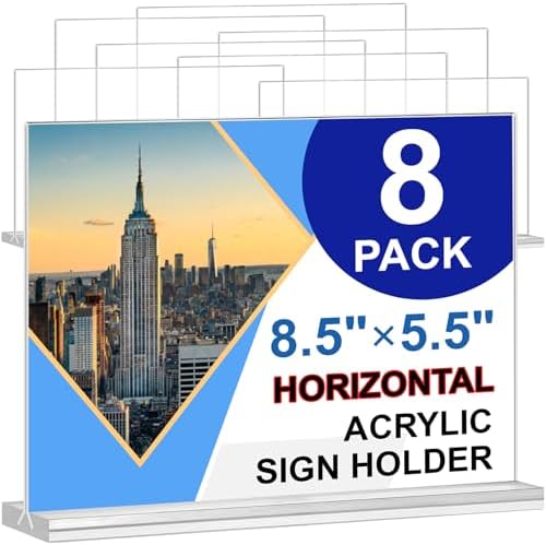 Acrylic Sign Holder 8.5 x 5.5, 8 Pack Double-Sided Standup Table Top Clear Sign Holders, T Shape Horizontal Plastic Acrylic Picture Frame Menu Flyer Paper Holder Display Stands for Office Store Wedding