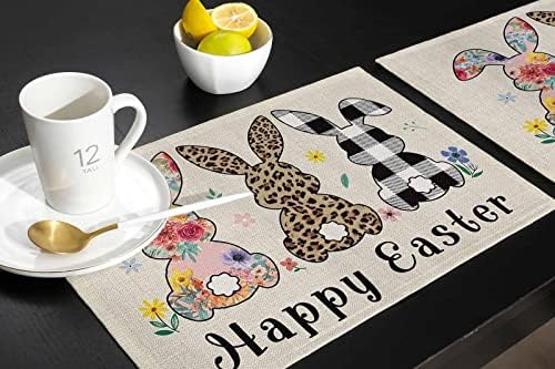 Artwork Store Happy Easter Placemats Set of 4,Cotton Linen Heat Resistant Table Mats Washable Cute Easter Bunny Florals Flowers Rabbit Placemat for Holiday Banquet Party Dining Kitchen Table Decor