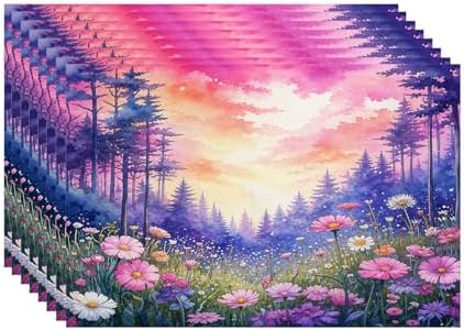 Batmerry Forest Flowers Sunset Linen Placemats Set of 8, Beautiful Forest Sunset Scene Washable Table Mats for Kitchen Table Thickened Heat Insulation Dining Set Indoor Outdoor 12X18 in