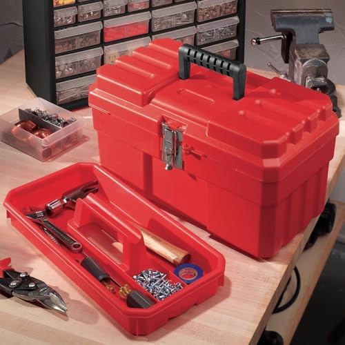 Akro-Mils 14-Inch Plastic Toolbox with Removable Tray, Steel Latch & Padlock Eye, Industrial-Grade Tool Box for Tools, Crafts, First Aid & Hobby Supplies, 14" x 8" x 8", Made in USA, Red (09514)