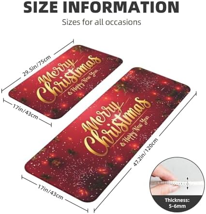 Christmas and New Year Kitchen Floor Mat 2 Pcs, Non Slip Rugs Absorbent Mats for Floor Countertop Office Home, Merry Indoor Outdoor Decor Doormat 17" x 29.5" + 17" x 47"