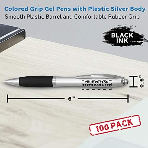 DISCOUNT PROMOS Custom Colored Grip Gel Pens Set of 100, Personalized Bulk Pack - Great for Office, School, Business, Tradeshows, Events - Black