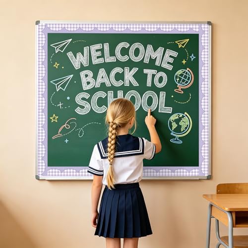 50ft Checkered Bulletin Board Borders, Checkerboard Straight Trim Border with Scalloped Edge Print, Classroom Decor for Chalkboard Whiteboard Back to School Supplies, Purple and White