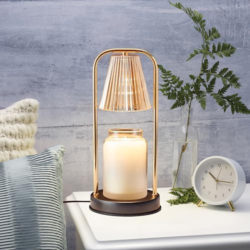 Mikasa 13.8 Inch Electric Candle Warmer Lamp with Amber Glass Shade and Wooden Base - Flameless Candle Melter with Dimmer Control for Home Decor and Fragrance, 50W Halogen Bulb Included
