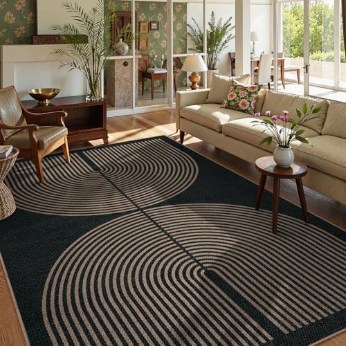 Lahome Modern Rainbow Easy Jute Outdoor Rug 6x9, Black Patio Classroom Rug