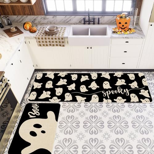 JarThenaAMCS Halloween Ghost Kitchen Mat Set of 2 Black Spooky Ghost Boo Kitchen Floor Mats Cute Non-Slip Door Rugs for Halloween Party Home Bathroom Entrance