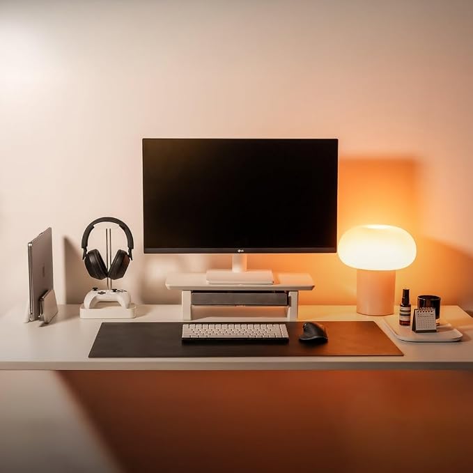 Raico Desk Shelf Setup Mini Monitor Stand, Compact White Wood Organiser, Ergonomic Home Office Accessory (White | 18.8 Inches)