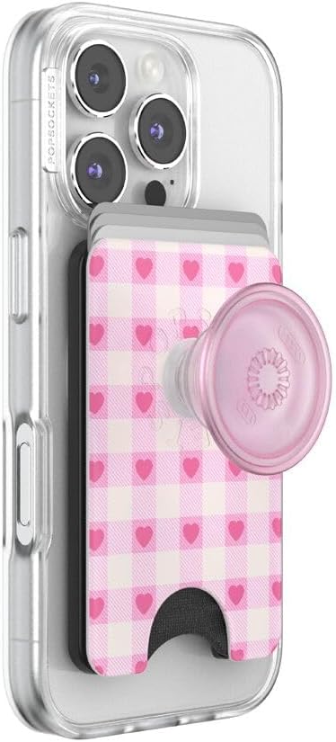 PopSockets Phone Wallet for MagSafe with Grip- Blush Gingham | PopWallet, Holds 3 Cards, Magnetic, Removable, Secure, Checkered, Pink
