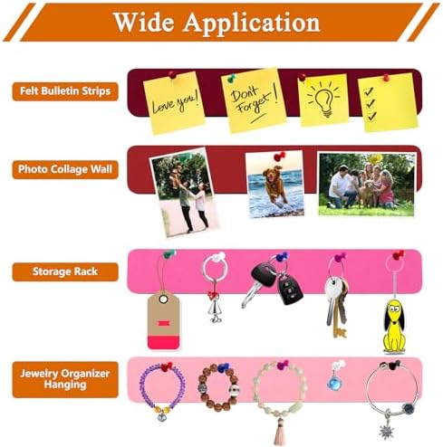 8Pcs Rectangle Felt Cork Board Bar Strips with 35 Pushpins, Self-Adhesive Bulletin Board Strips for Office School Home Wall Decor Stickers Memos Schedules Photos Display -Gradual Red