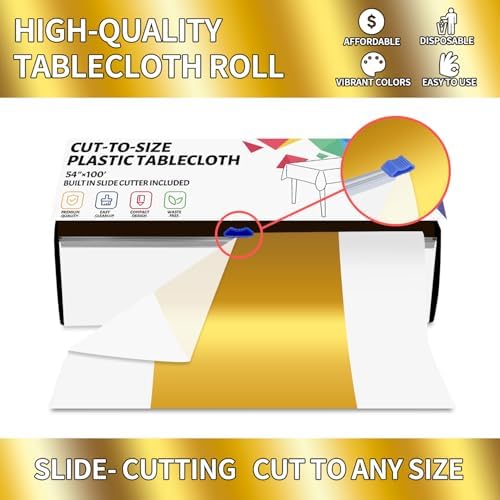 CXPSINC 54 Inch X 100 Feet Plastic Table Cover Roll Disposable Tablecloth with Slide Cutter for All Type/Shape Tables | Party, Banquet, Birthdays, Weddings(White & Glod, 100 Feet)