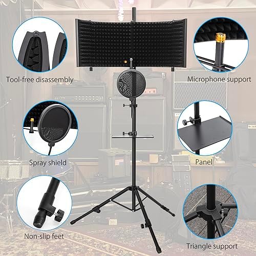 Microphone Isolation Shield with Stand Curved Panel, Foldable Mic Shield with Triple Sound Insulation, Studio Mic Sound Absorbing Foam Reflector for Sound Recording, Podcasts