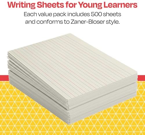 School Smart Zaner-Bloser Writing Paper, Handwriting Practice Lined Paper, Grade K Learning, 1-1/8 Inch Rule, 10-1/2 x 8 Inches, 500 Sheets