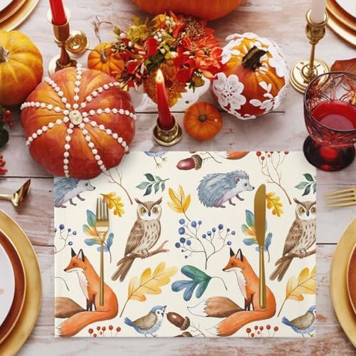 Fall Placemats Set of 4, Autumn Animal Place Mats Owl Bird Fox Leaves Tablemats Harvest Thanksgiving Placemat Table Decoration for Kitchen Table Holiday Dinner Party Autumn Home Decor