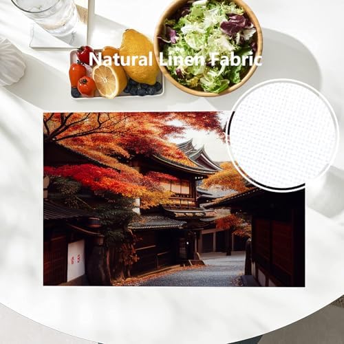 Batmerry Autumn Oriental Maple Linen Placemats Set of 8, Classical Architecture Paths Fallen Leaves Washable Table Mats for Kitchen Table Thickened Heat Insulation Dining Set Indoor Outdoor 12X18 in