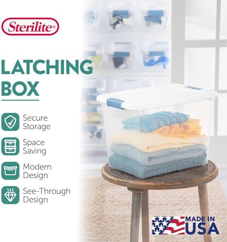 Sterilite 25 Quart Latching Box, Clear Plastic Storage, White, 6 Pack