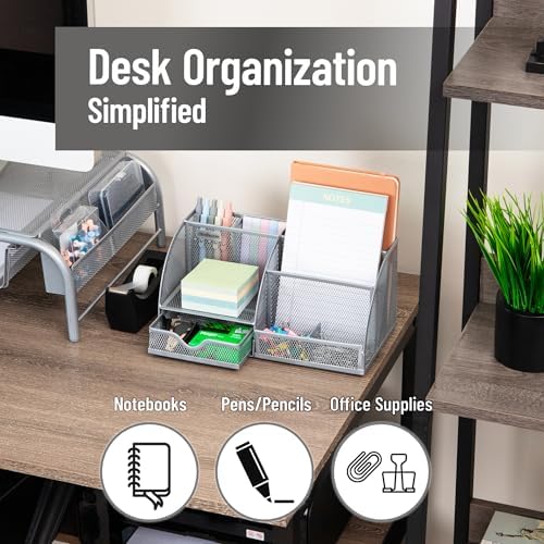 Mind Reader 7-Compartment Desktop Organizer, Metal Mesh Desk Organizer for Pens, Sticky Notes, Mail and Office Supplies, Silver
