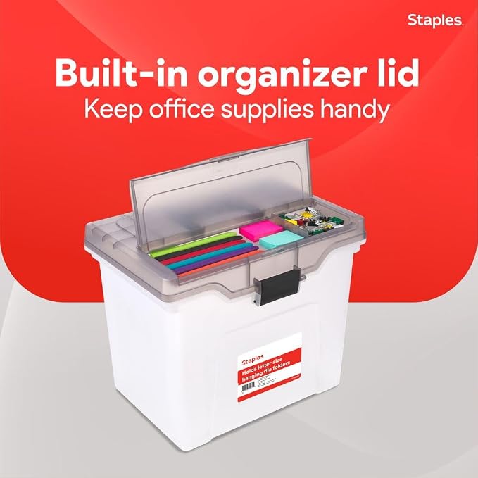 Staples File Box Portable Tote, Letter Size, Clear, 2/Pack | Lightweight storage tote for transporting and organizing hanging files.