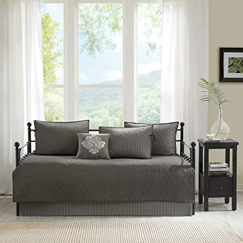 Madison Park Cotton Daybed Cover Set-Double Sided Quilting Classic Cottage Design All Season Bedding with Bedskirt, Matching Shams, Decorative Pillow, 75"x39", Quebec Dark Grey 6 Piece