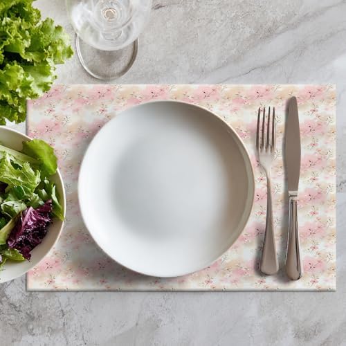 Batmerry Watercolor Cherry Blossom Linen Placemats Set of 8, Light Apricot Flowers Washable Table Mats for Kitchen Table Thickened Heat Insulation Dining Set Indoor Outdoor 12X18 in