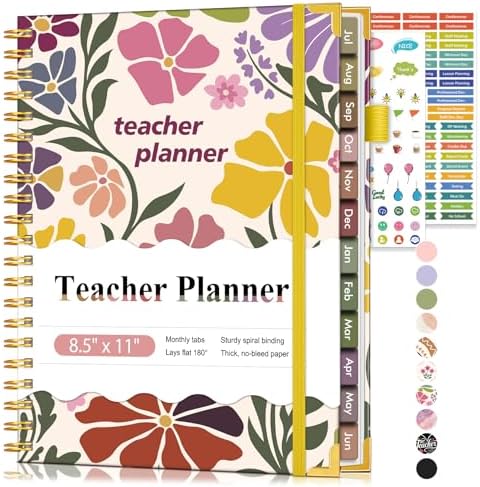 Teacher Planner 2026-2027, July 2026 - June 2027, Academic Weekly & Monthly Calendar Planner with Tabs, 8.5" x 11" A4 Teacher Lesson Plan Book with 7 Periods, Daily Agenda School Organizer for Teacher Student Homeschool Abstract Flowers