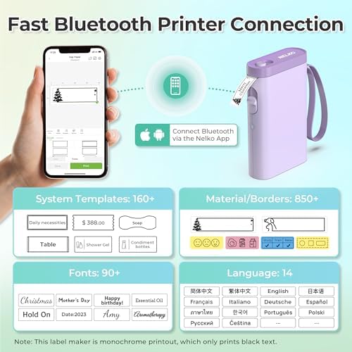Nelko P21 Label Maker Machine with Tape, Bluetooth Label Printer, Purple
