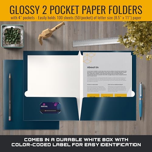 Better Office Products 2 Pocket Glossy Laminated Navy Blue Paper Folders, Box of 25, Letter Size, Dark Blue Paper Portfolios 25 Pack
