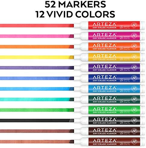 ARTEZA Dry Erase Markers, 52 Pack, 12 Assorted Colors, Low-Odor Whiteboard Markers with Japanese Chisel Tips for Offices, Classrooms, Planning Boards, Glass, and Plastic