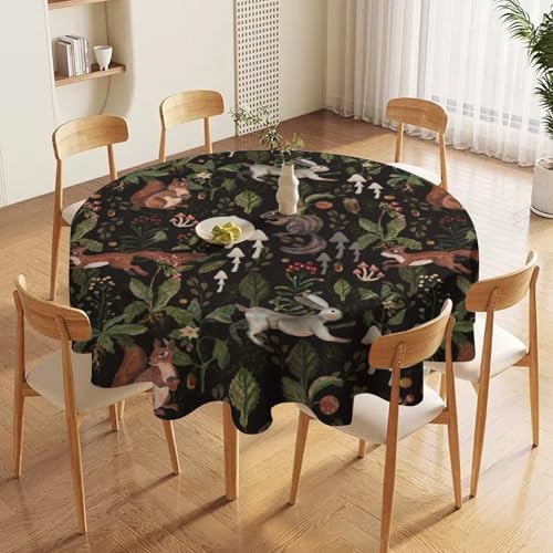Cartoon Woodland Tablecloth, Watercolor Rustic Forest Wild Animals Bunny Rabbit Squirrel Mushroom Plants Print Table Cloth for Indoor Outdoor Dining Table Party Picnic Decor, 60x60in