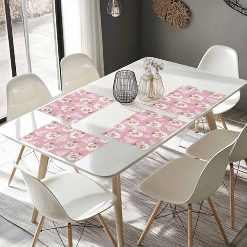 Pink Christmas Placemats Set of 4, Santa Claus Merry Christmas Tree Heat Resistant Washable Table Place Mats Winter Snowflake Cotton Table Linens Party Holiday Decor for Kitchen Dining Outdoor Indoor